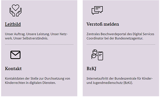 Links zum Leitbild, zum Melden eines Verstoßes, zum Kontakt und zum Internetauftritt des BzKJ